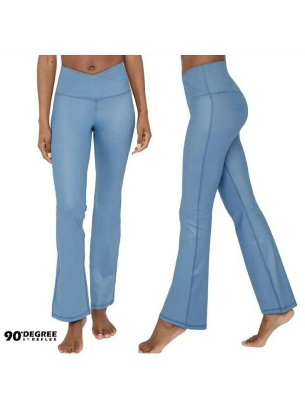 90 Degree By Reflex Crossover Waistband Faux Leather Flared Leg Yoga Pants Sz L